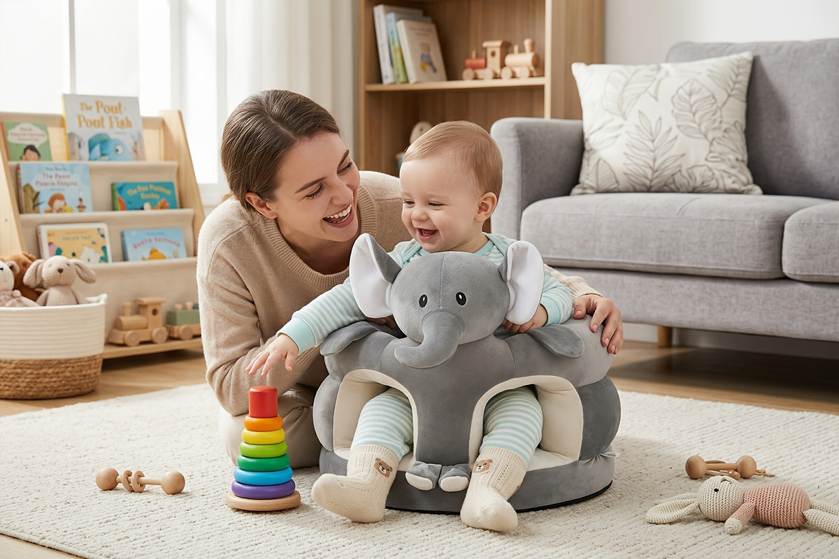 Plush Toddler Floor Seat with Back Support, Cartoon Elephant or Bear Baby Sofa Chair for Supervised Sitting and Play in Nursery or Living Room