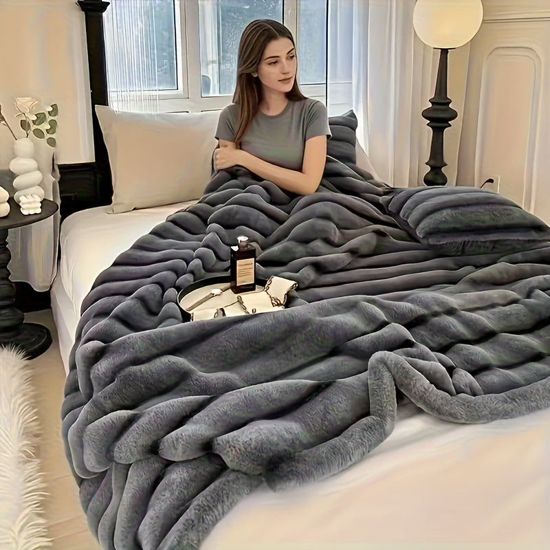 Striped Faux Rabbit Fur Throw Blanket with Flannel Back, Double-Sided Sofa and Bed Cover in Throw, Twin XL, Queen or King Sizes and Multiple Colors