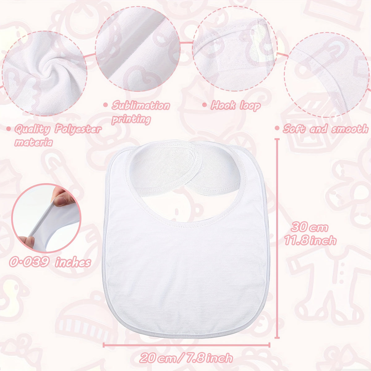 White Sublimation Baby Bibs, Set of 6 Reusable Knit Fabric Feeding Bibs for Toddler Mealtimes, DIY Printing and Everyday Use
