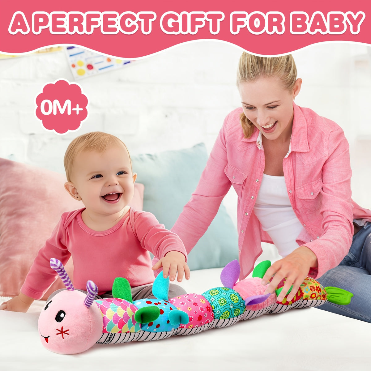 Musical Caterpillar Baby Toy, Plush Sensory Animal with Crinkle Sounds, Rattle and Colorful Textured Segments for Supervised Tummy Time Play