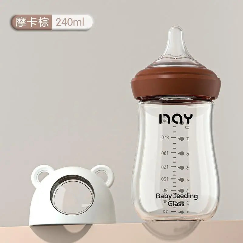 Glass Baby Feeding Bottle, Borosilicate Milk Bottle with Silicone Nipple and Bottom Air Return Valve, 80 mL, 160 mL and 240 mL Infant Options