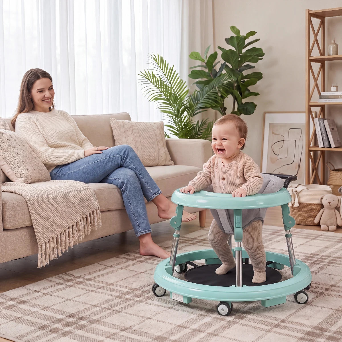 Kmaier Seated Baby Walker with Rear Push Handle, Foldable Frame, Adjustable Metal Supports and Removable Washable Seat in Four Color Options