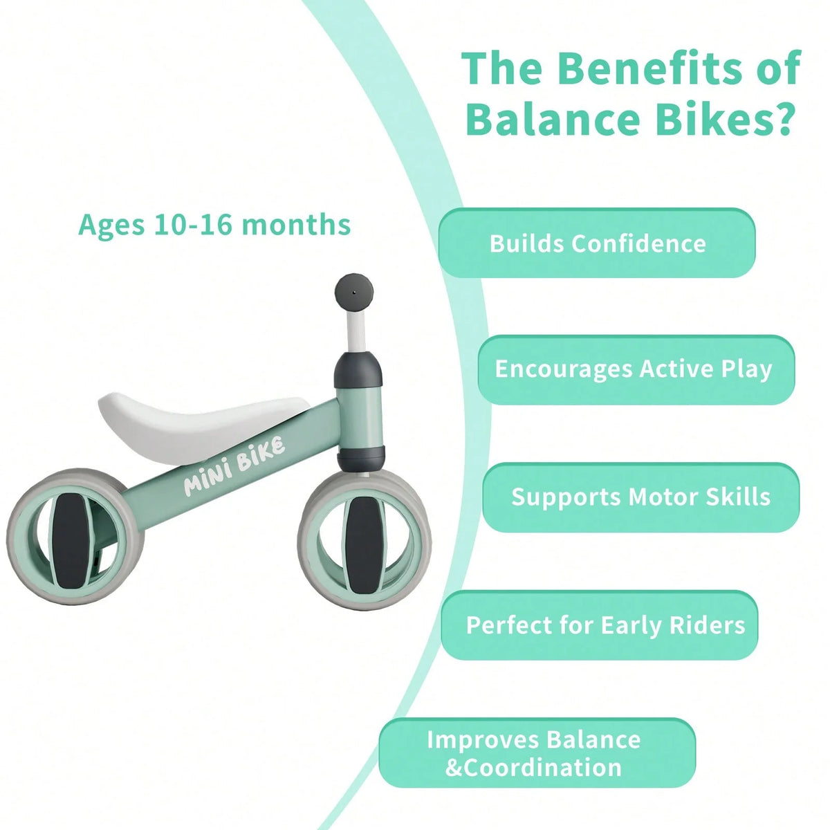Pedal-Free Baby Balance Bike with Four Wheels, Metal Toddler Ride-On in Black, Pink, Blue or Green for Ages 1+ and First Birthday Gifts
