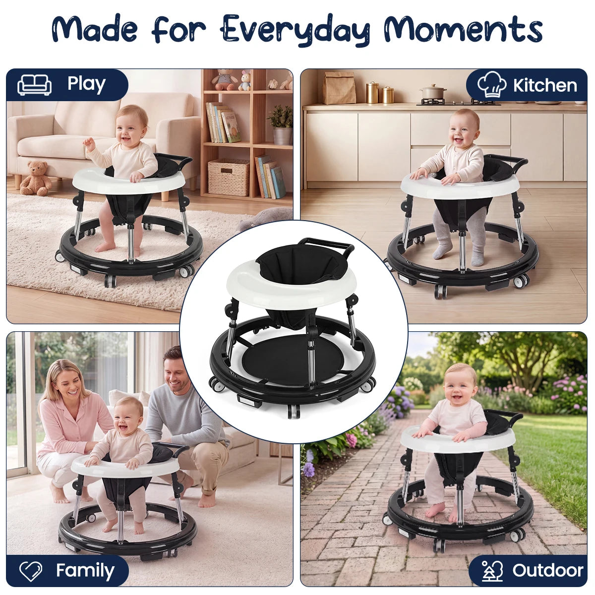 Kmaier Seated Baby Walker with Rear Push Handle, Foldable Frame, Adjustable Metal Supports and Removable Washable Seat in Four Color Options
