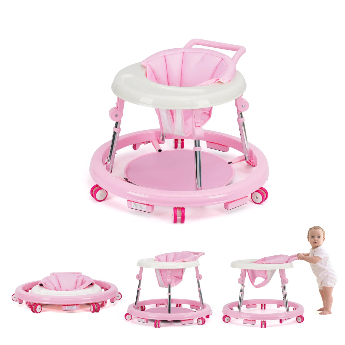 Kmaier Seated Baby Walker with Rear Push Handle, Foldable Frame, Adjustable Metal Supports and Removable Washable Seat in Four Color Options