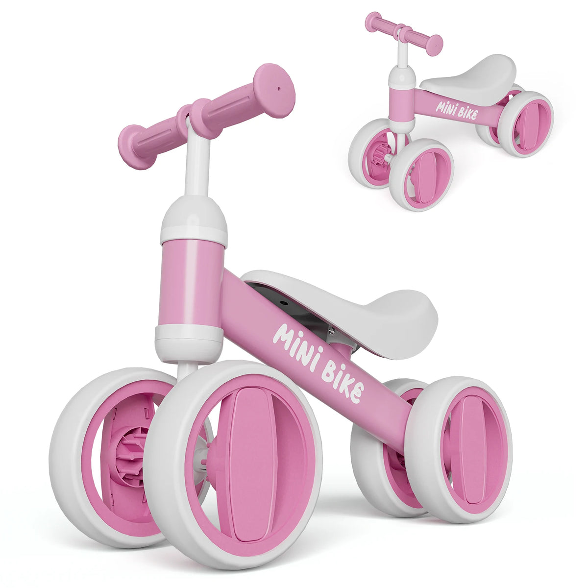 Pedal-Free Baby Balance Bike with Four Wheels, Metal Toddler Ride-On in Black, Pink, Blue or Green for Ages 1+ and First Birthday Gifts