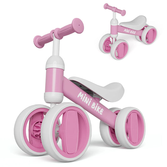 Pedal-Free Baby Balance Bike with Four Wheels, Metal Toddler Ride-On in Black, Pink, Blue or Green for Ages 1+ and First Birthday Gifts