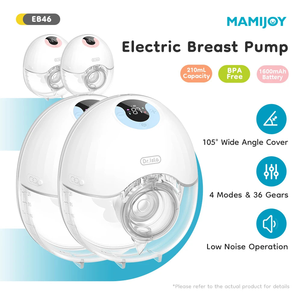 Hands-Free Double Breast Pump Set, MAMIJOY EB46 Wearable Electric Pumps with 4 Modes, 36 Levels, 210 mL Collectors and USB-C Charging