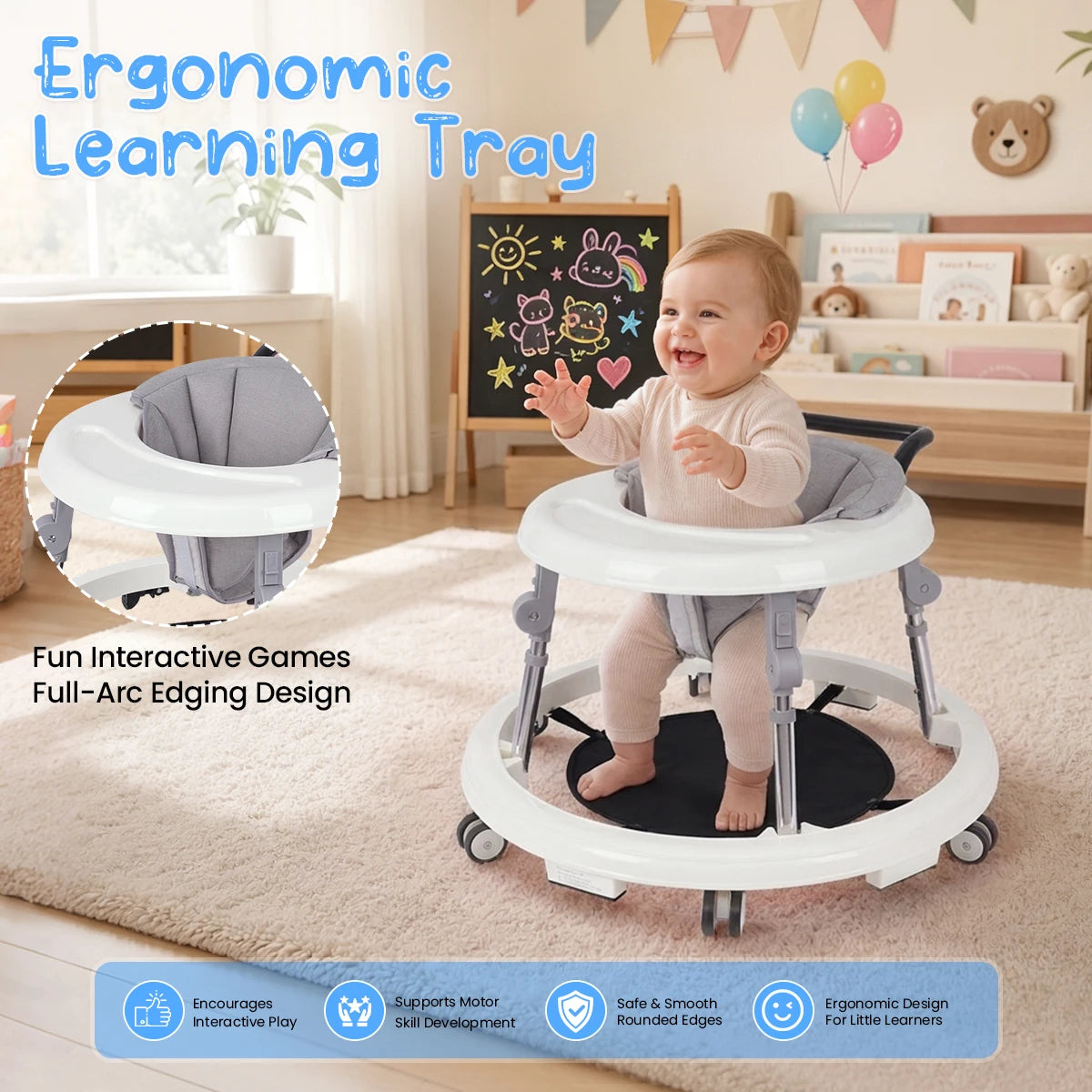 Kmaier Seated Baby Walker with Rear Push Handle, Foldable Frame, Adjustable Metal Supports and Removable Washable Seat in Four Color Options