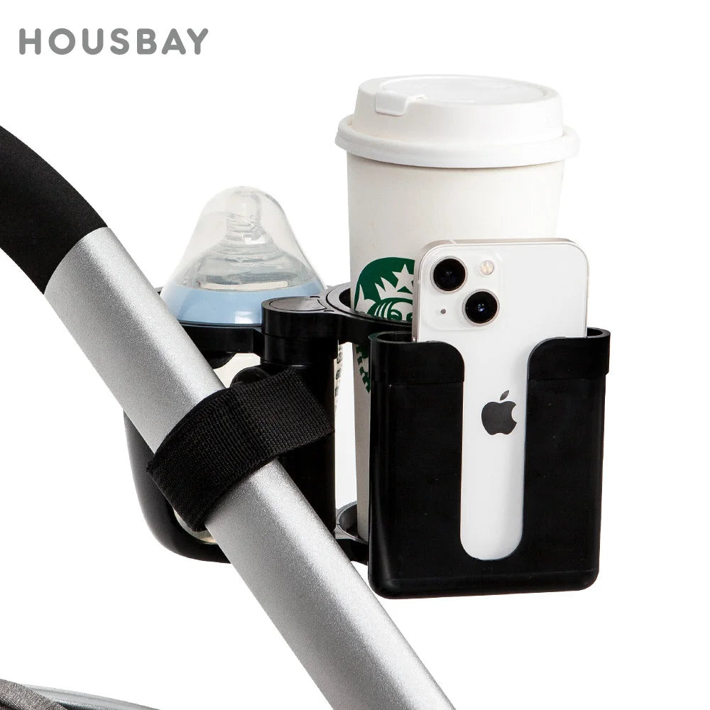 Convertible Double Stroller Cup Holder with Independent Phone Slot, Black Baby Bottle and Drink Organizer for Compatible Handles and Family Outings