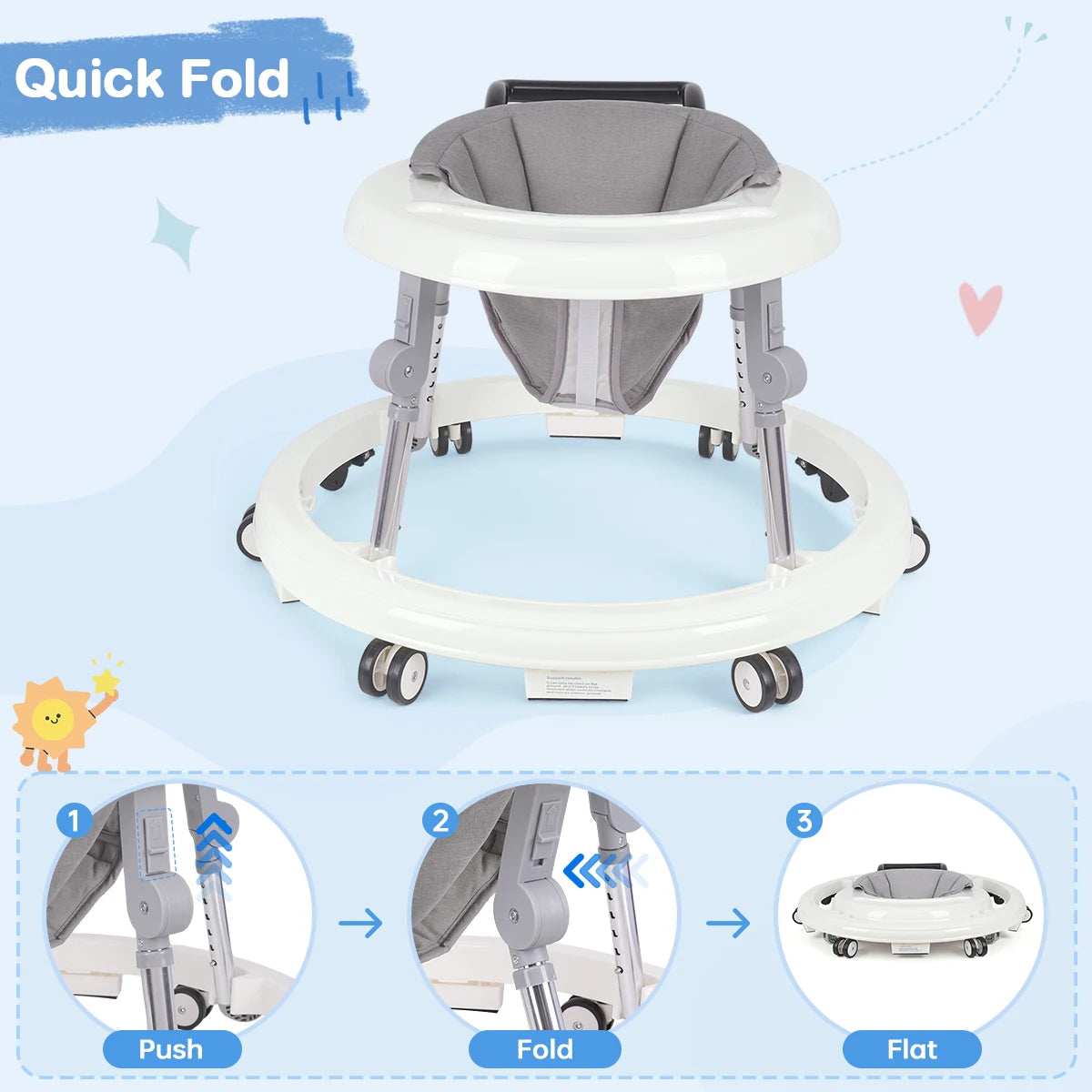 Kmaier Seated Baby Walker with Rear Push Handle, Foldable Frame, Adjustable Metal Supports and Removable Washable Seat in Four Color Options