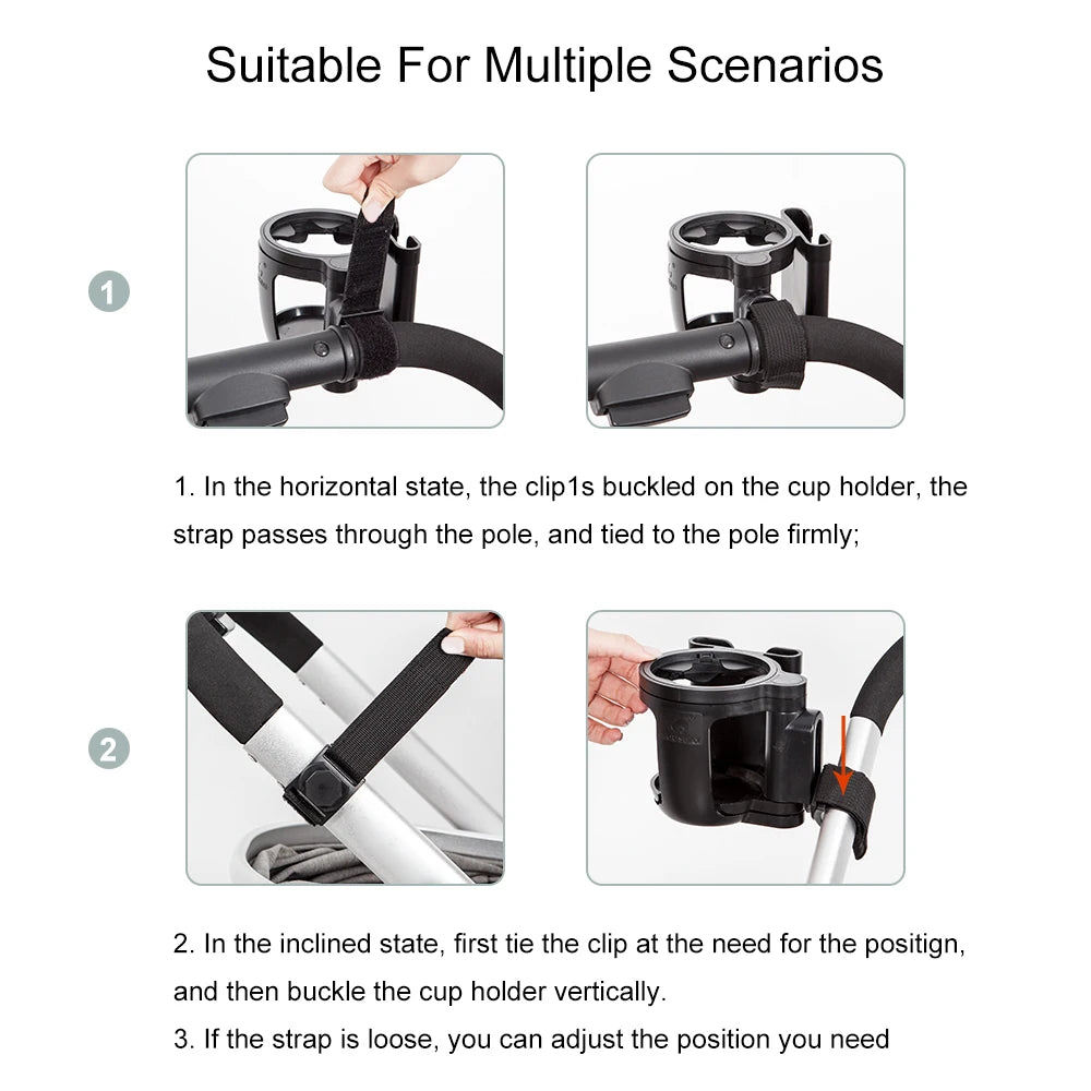 Convertible Double Stroller Cup Holder with Independent Phone Slot, Black Baby Bottle and Drink Organizer for Compatible Handles and Family Outings