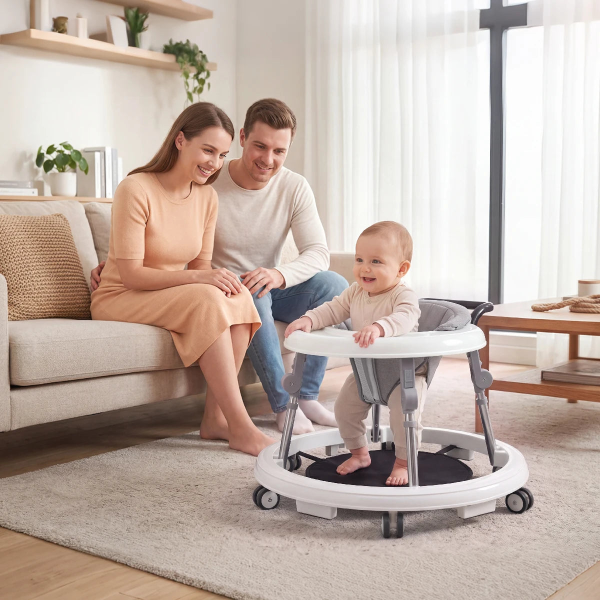 Kmaier Seated Baby Walker with Rear Push Handle, Foldable Frame, Adjustable Metal Supports and Removable Washable Seat in Four Color Options
