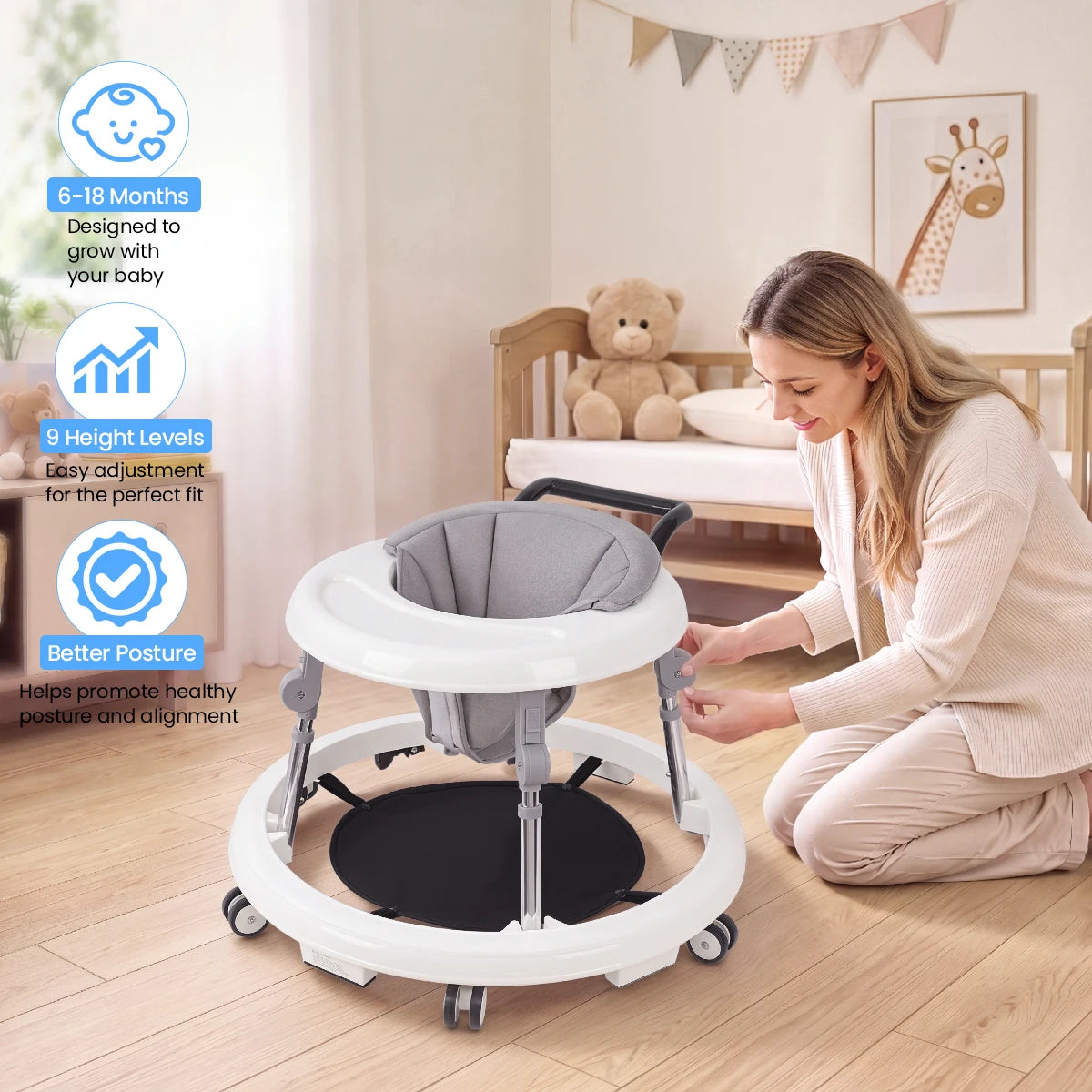 Kmaier Seated Baby Walker with Rear Push Handle, Foldable Frame, Adjustable Metal Supports and Removable Washable Seat in Four Color Options