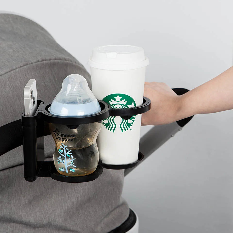 Convertible Double Stroller Cup Holder with Independent Phone Slot, Black Baby Bottle and Drink Organizer for Compatible Handles and Family Outings