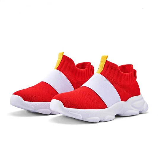 Sonic Shoes for Kids in Red with White Band and Yellow Pull Tabs, Slip-On Cartoon-Inspired Footwear for Boys and Girls with Ring and Gem Options