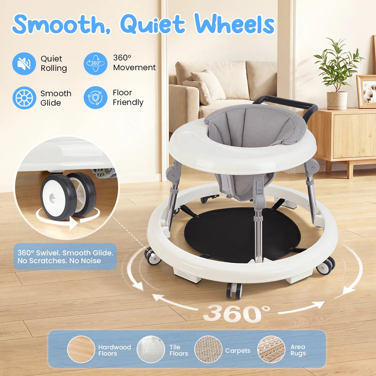 Kmaier Seated Baby Walker with Rear Push Handle, Foldable Frame, Adjustable Metal Supports and Removable Washable Seat in Four Color Options
