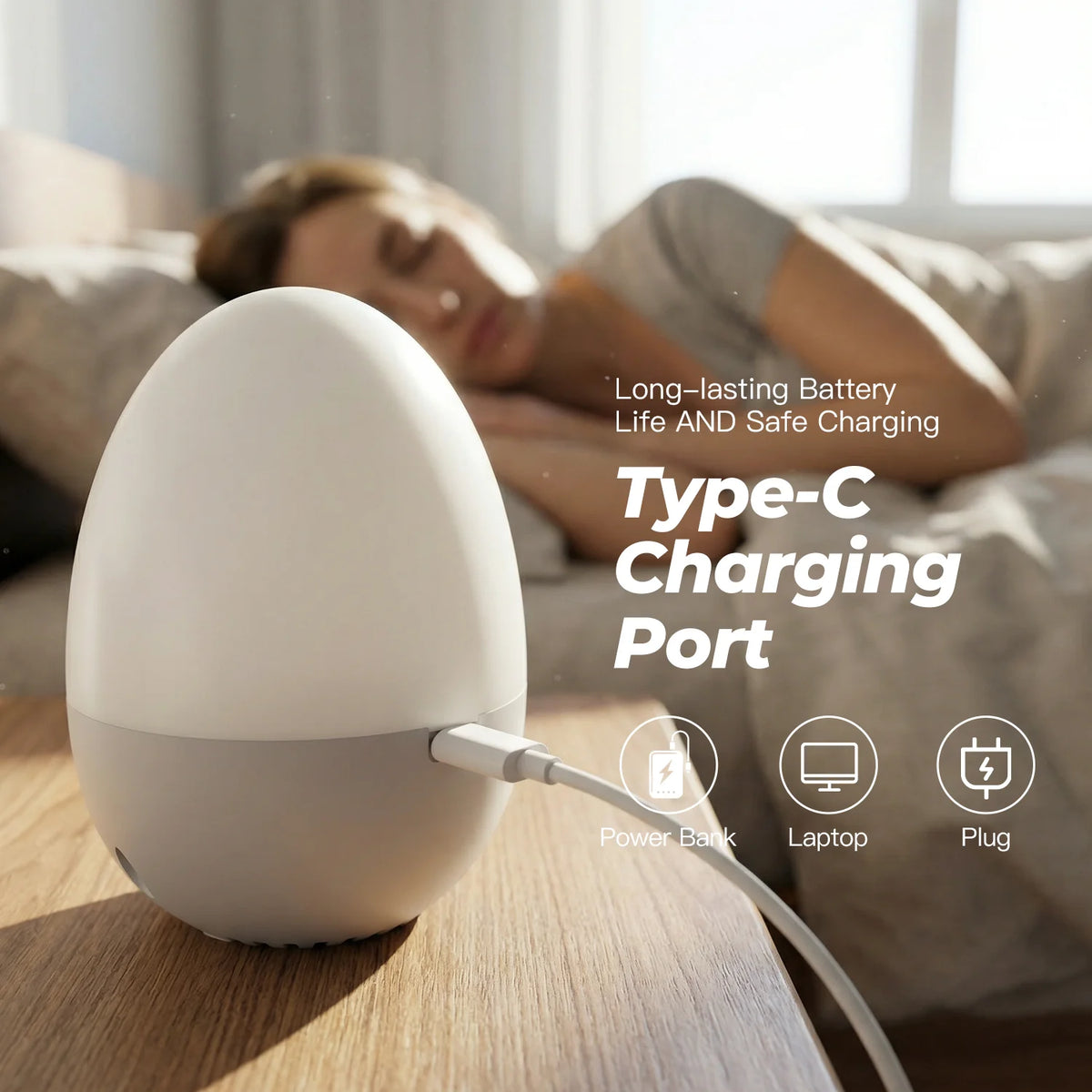 Egg-Shaped White Noise Machine with 30 Sounds, Dimmable Warm Night Light, 30/60/90-Minute Timer and USB-C Rechargeable 700mAh Battery