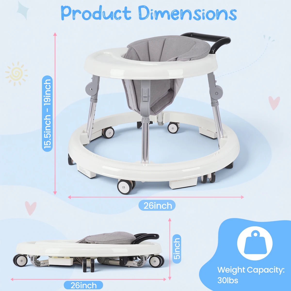Kmaier Seated Baby Walker with Rear Push Handle, Foldable Frame, Adjustable Metal Supports and Removable Washable Seat in Four Color Options