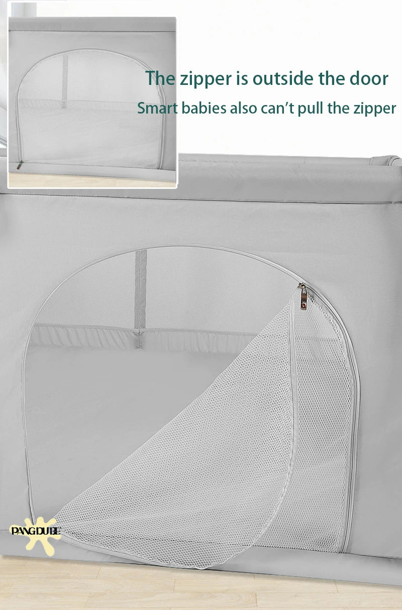 Padded Baby Playpen by PANGDUBE, Gray Mesh Activity Yard with External Zipper Door, Storage Pocket and Five Size Options for Supervised Play