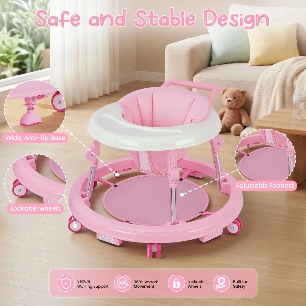Kmaier Seated Baby Walker with Rear Push Handle, Foldable Frame, Adjustable Metal Supports and Removable Washable Seat in Four Color Options