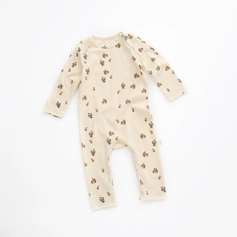 Printed Cotton Baby Romper with Long Sleeves and Footless Legs, Floral and Fruit Pattern One-Piece Outfit for Boys and Girls, Separate Hat Options