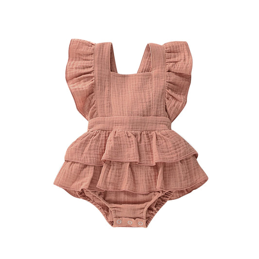 Ruffle Baby Girl Sunsuit in 100% Cotton with Double-Tier Waist Trim, Sleeveless Solid Color Summer Romper with Bottom Snaps, Sizes 3M-18M