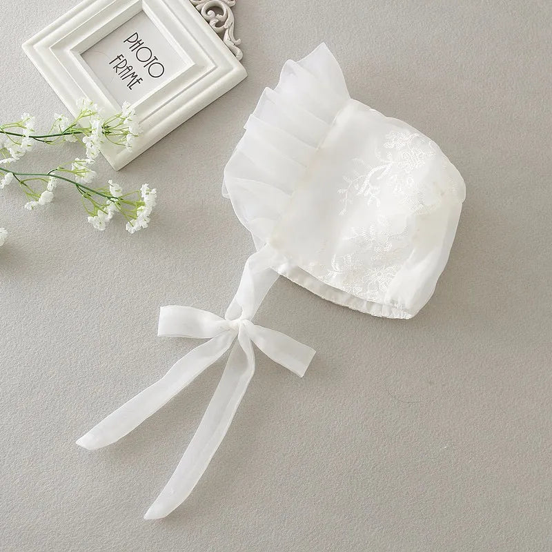 Baby Baptism Gown for Girls with Long Sleeves, Lace Details and Cotton Lining, Dress and Cap Set for Christening and First Birthday Photos