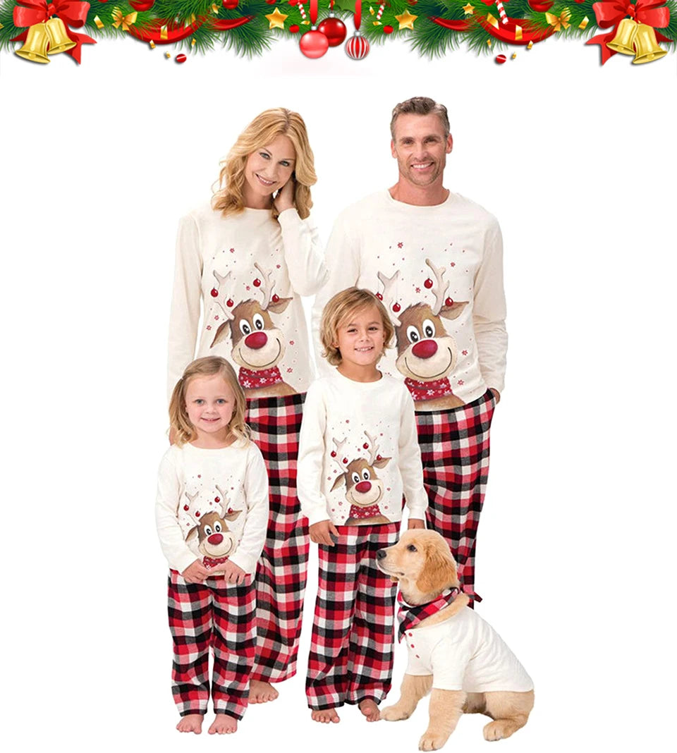 Red-Nose Reindeer Family Christmas Pajamas with White Long Sleeve Tops and Red Black Plaid Pants, Matching Mom Dad Kids Sets and Baby Jumpsuit Options