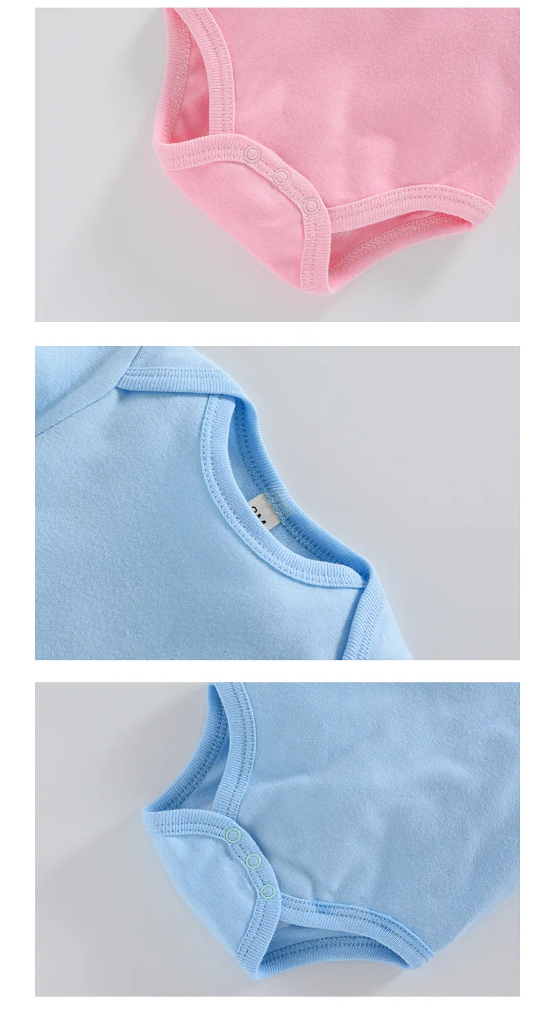 Short Sleeve Baby Bodysuits 3-Pack in 100% Cotton, Solid Color Infant One-Piece Outfits with Envelope Shoulders and Snap Bottoms for Daily Wear
