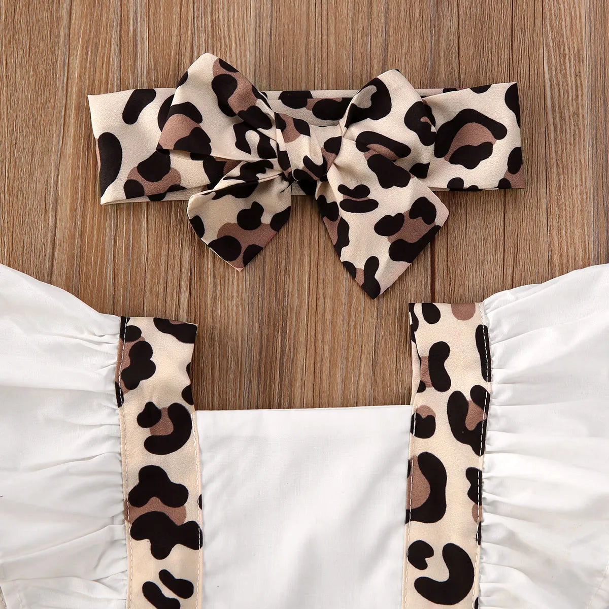 Leopard Print Baby Girl Romper and Headband Set with White Ruffle Details, Suspender Styling and Snap Crotch, Summer Outfit in 0-24 Months