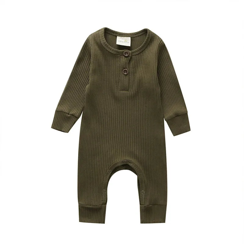 Ribbed Baby Romper with Button Neckline and Inner-Leg Snaps, Long Sleeve Cotton Knit One-Piece Outfit for Boys and Girls in 3M-18M Sizes