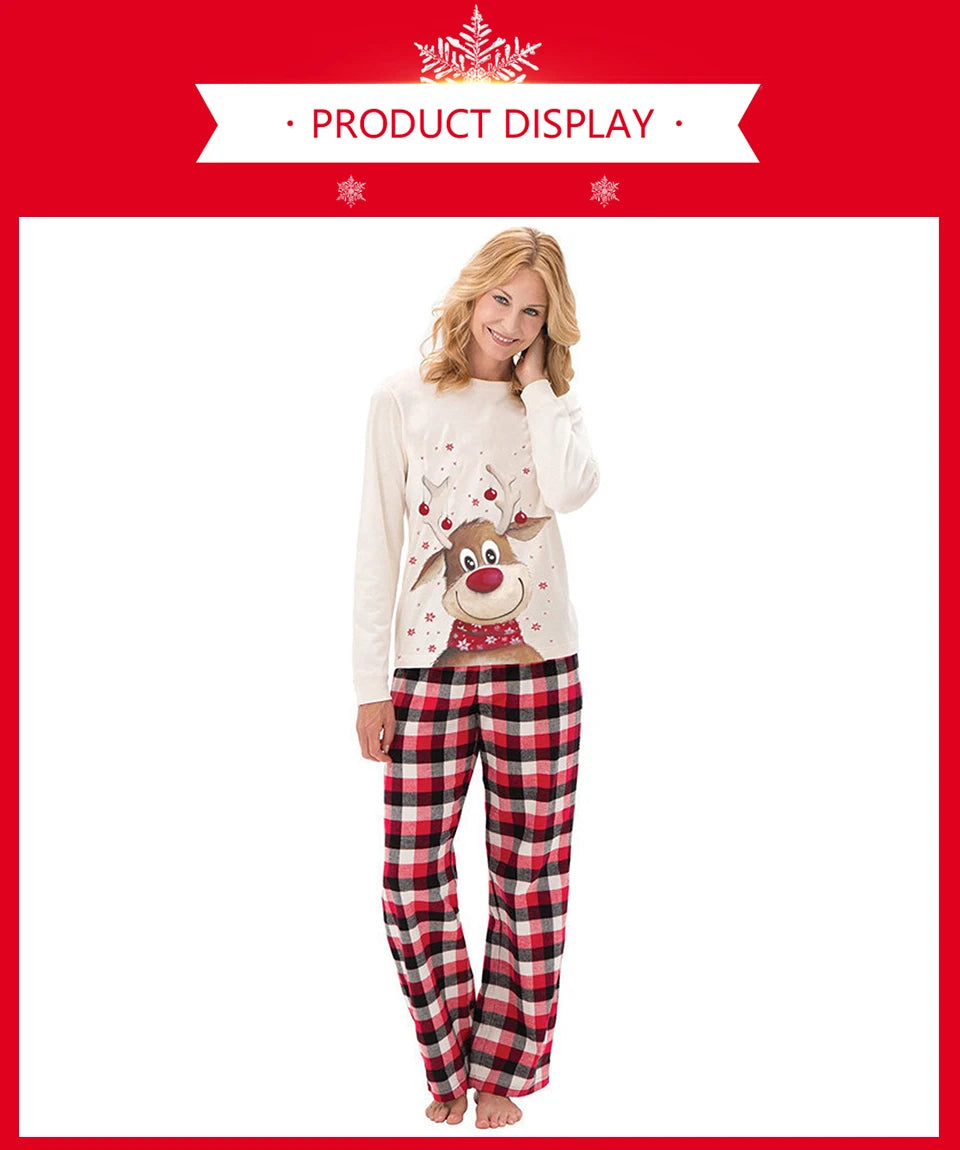Red-Nose Reindeer Family Christmas Pajamas with White Long Sleeve Tops and Red Black Plaid Pants, Matching Mom Dad Kids Sets and Baby Jumpsuit Options