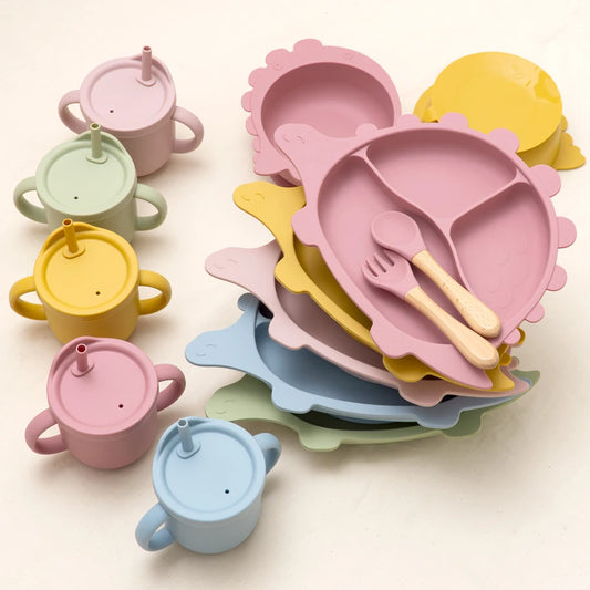 Animal-Shaped Baby Feeding Tableware with Divided Plate, Bowl, Handled Drinking Cup and Snack Lid for Supervised Weaning Mealtimes