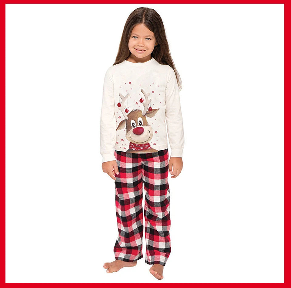 Red-Nose Reindeer Family Christmas Pajamas with White Long Sleeve Tops and Red Black Plaid Pants, Matching Mom Dad Kids Sets and Baby Jumpsuit Options