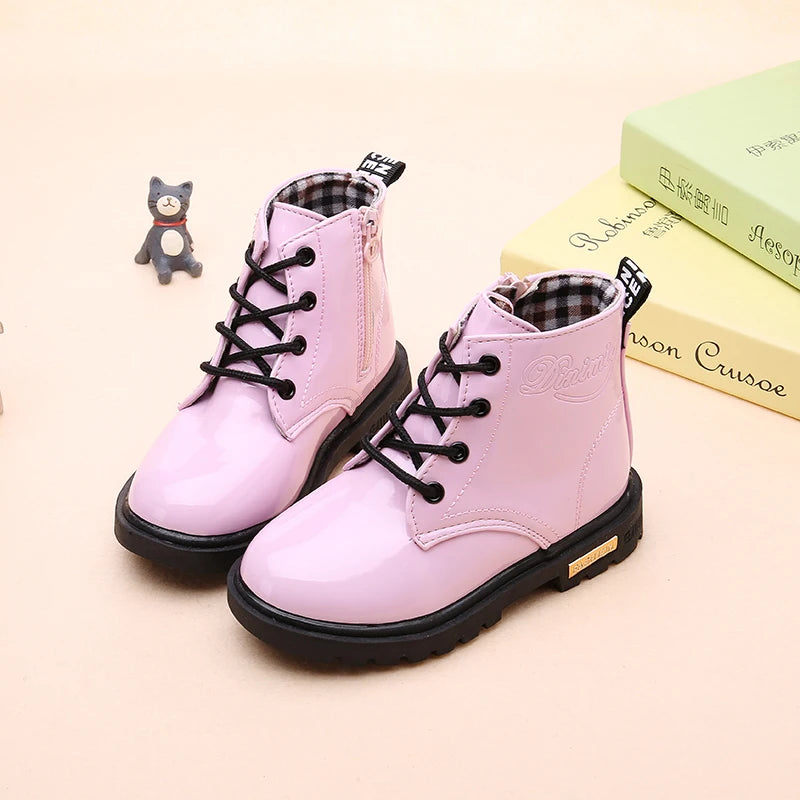 Lace-Up Kids Ankle Boots in PU Leather, Side-Zip Casual Shoes for Boys and Girls with Plush-Lined Options, Five Colors and Sizes 21-36