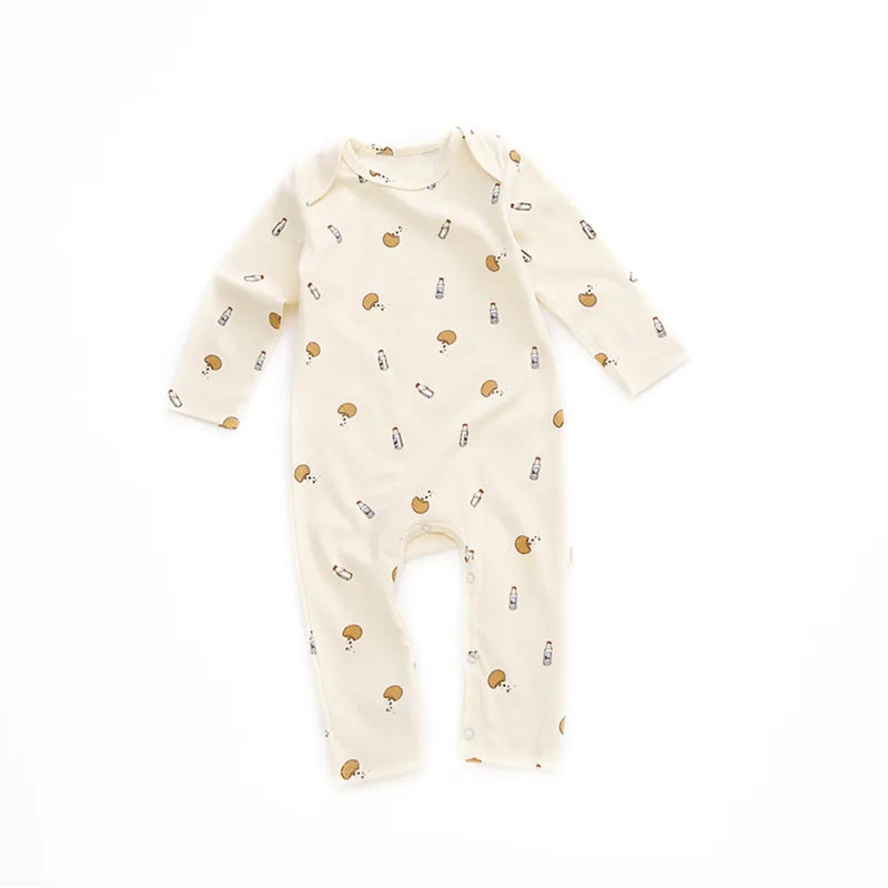 Printed Cotton Baby Romper with Long Sleeves and Footless Legs, Floral and Fruit Pattern One-Piece Outfit for Boys and Girls, Separate Hat Options