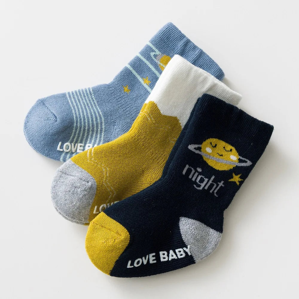 Baby Terry Cotton Socks 3-Pair Set, Thick Non-Slip Socks for Newborns, Infants and Toddlers Ages 0-5 Years for Cozy Fall and Winter Wear