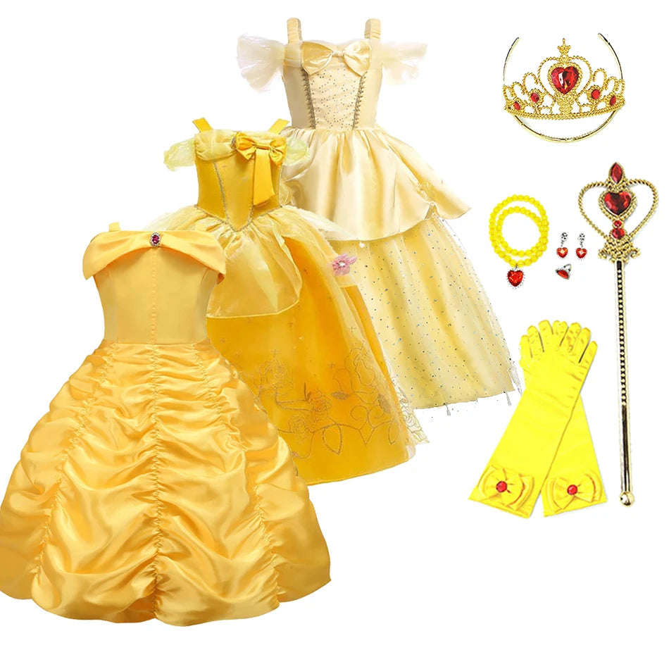 Yellow Princess Dress for Girls, Belle-Inspired Costume Gown in Dress A, B or C Styles and Sizes 3T–10T for Birthday Parties and Halloween