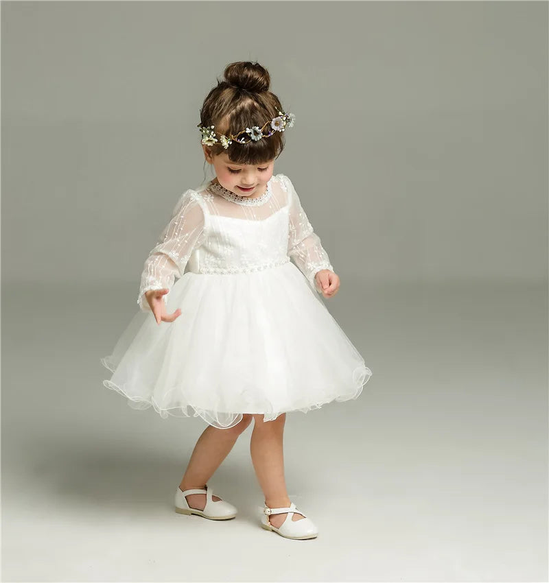Baby Baptism Gown for Girls with Long Sleeves, Lace Details and Cotton Lining, Dress and Cap Set for Christening and First Birthday Photos