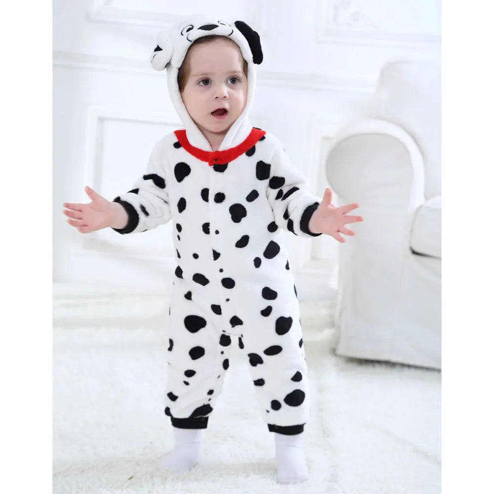 Baby Dalmatian Costume with Puppy Hood, Flannel Animal Jumpsuit for Infants and Toddlers, Halloween Dress-Up and Photo Outfits