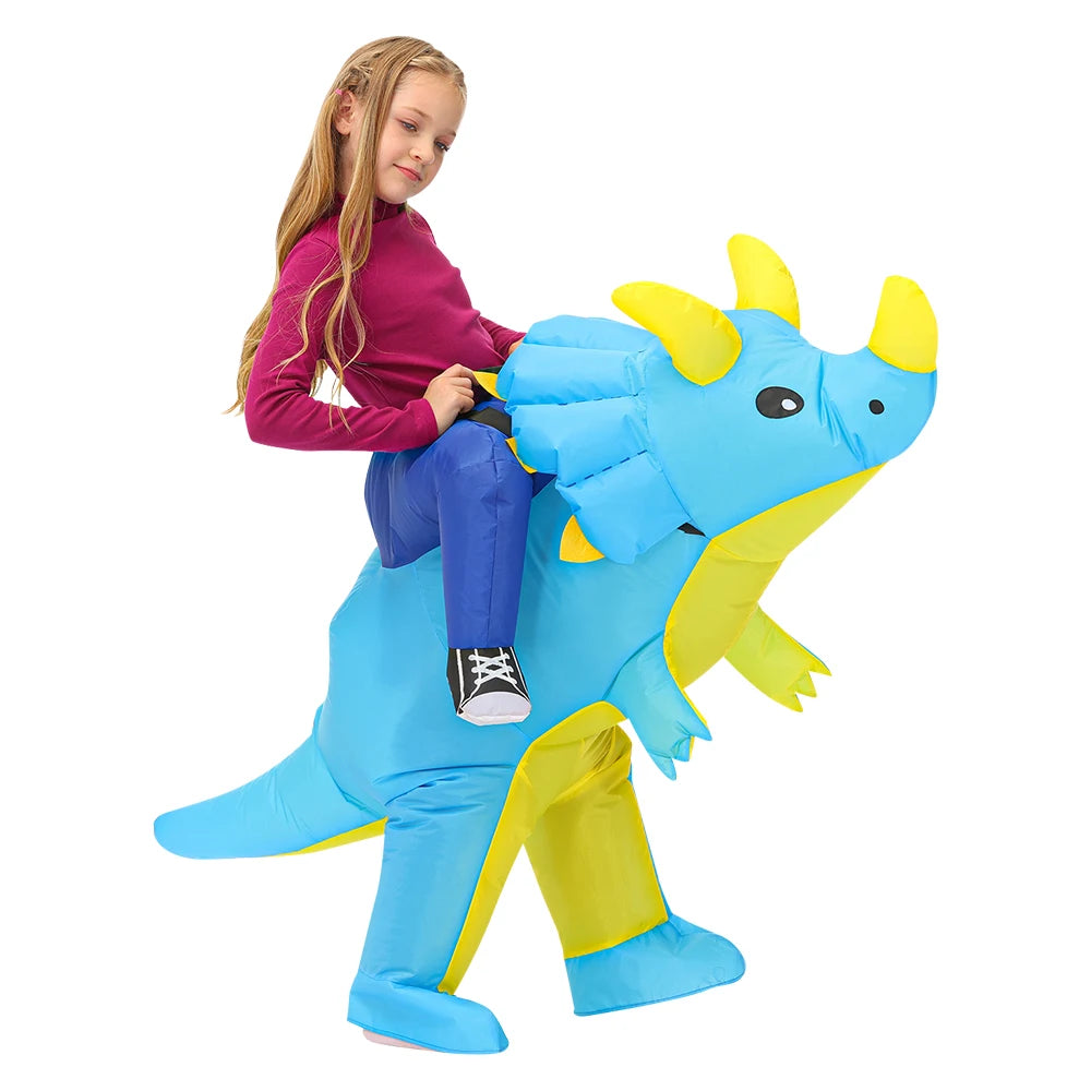 Inflatable Dinosaur Costume for Kids, Ride-On Style Dress-Up Outfit with Fan for Halloween, Birthday Parties and Holiday Cosplay
