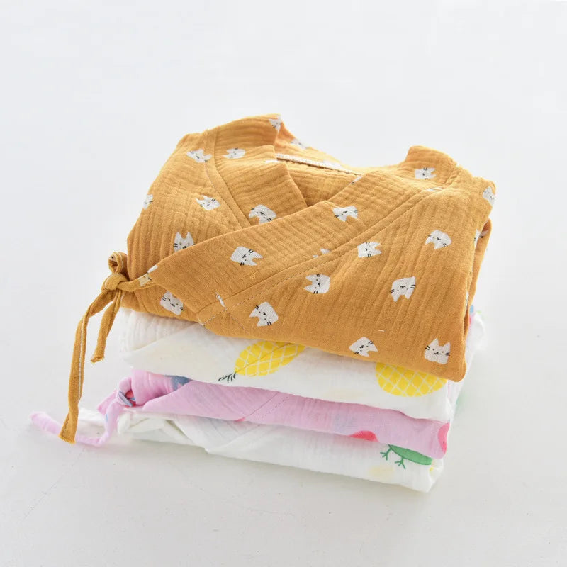 Muslin Cotton Baby Kimono Romper with Side Ties and Leg Snaps, Long Sleeve Printed Footless Jumpsuit for Boys and Girls, 0-24 Months