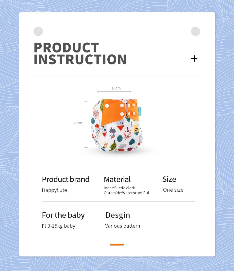 Pocket Cloth Diapers 4-Pack by Happyflute, Reusable Baby Nappies with Printed PUL Outer, Suede Cloth Lining and Snap Closures for 3–15 kg