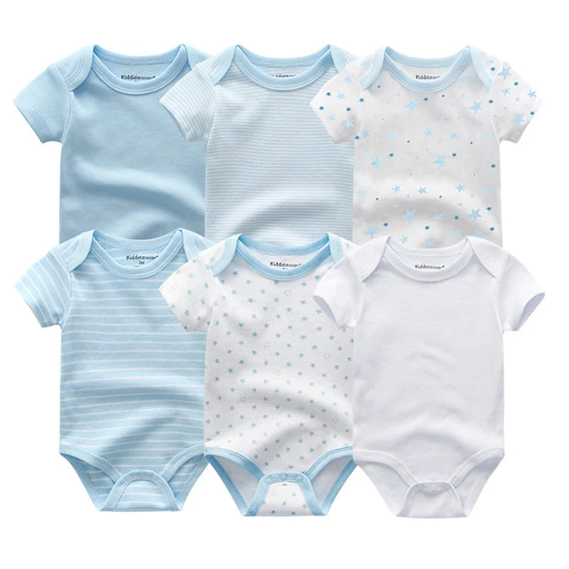 Baby Cotton Bodysuit Set, 6-Piece Short Sleeve Outfits with Envelope Shoulders and Snap Crotch for Boys and Girls, Sizes 3M-12M
