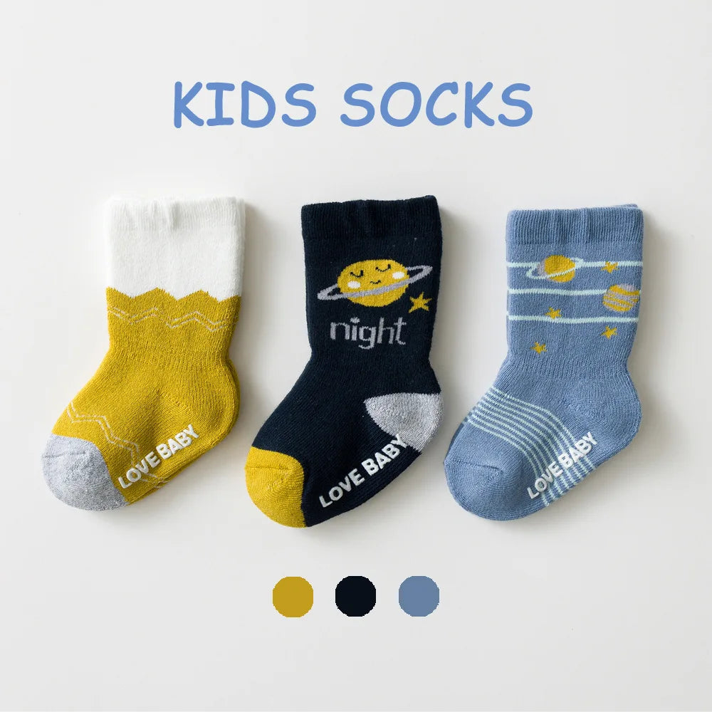 Baby Terry Cotton Socks 3-Pair Set, Thick Non-Slip Socks for Newborns, Infants and Toddlers Ages 0-5 Years for Cozy Fall and Winter Wear
