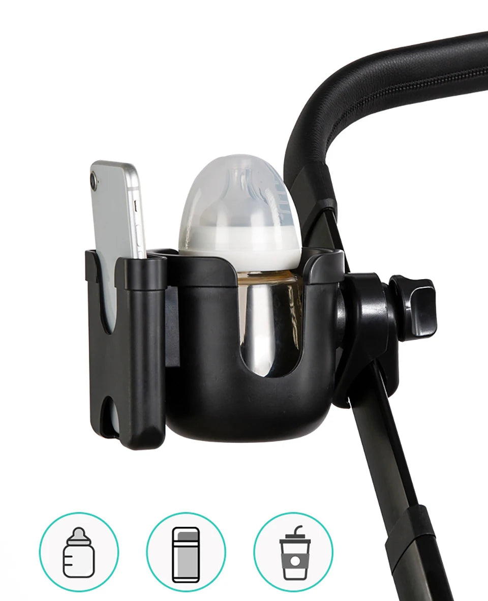 Stroller Bottle and Cup Holder with Clamp Mount and Optional Phone Slot, Single-Cup or Combination Storage Accessory for Walks and Family Outings