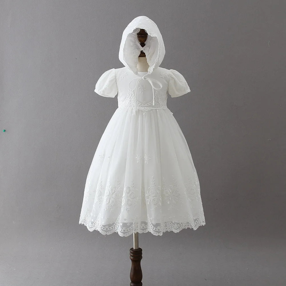 Baby Baptism Gown for Girls with Long Sleeves, Lace Details and Cotton Lining, Dress and Cap Set for Christening and First Birthday Photos