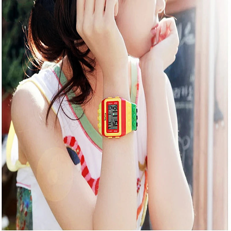 Colorful Link Digital Watch, Kids Block-Inspired Wristwatch with LED Backlight, Adjustable Plastic Band, Alarm, Calendar and Stopwatch for Daily Wear