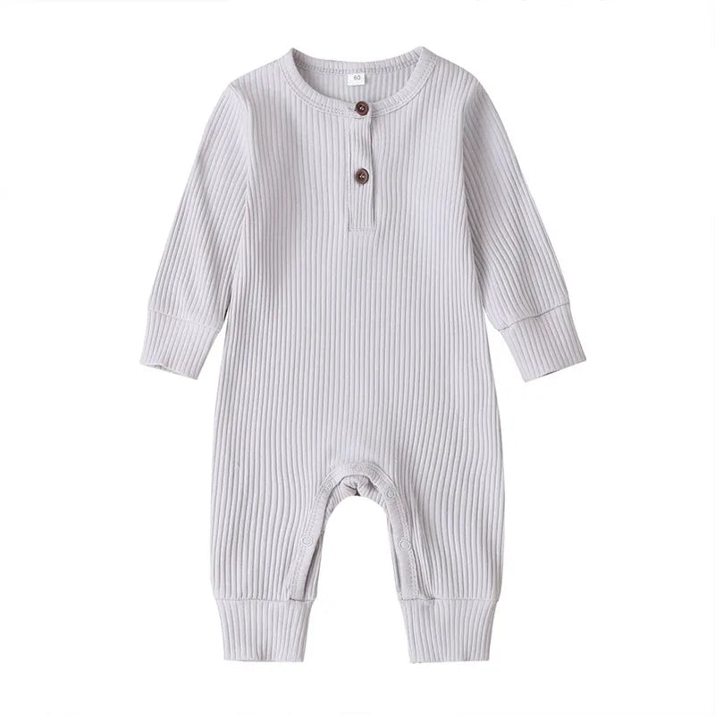 Ribbed Baby Romper with Button Neckline and Inner-Leg Snaps, Long Sleeve Cotton Knit One-Piece Outfit for Boys and Girls in 3M-18M Sizes